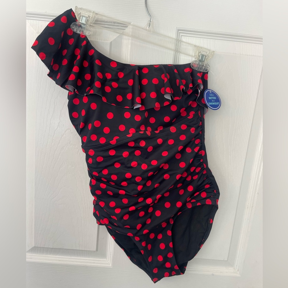 NWT Swimsuits For All SZ8 Polka Dot One-Shoulder dark navy& red tummy control